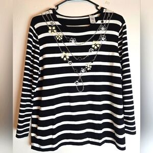 Small Striped Black and White Women's Top with Floral Accents
